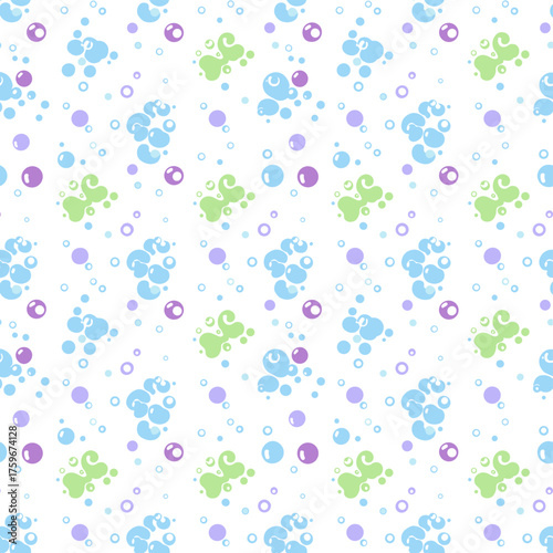 Seamless vector pattern of bubbles, featuring soap texture and a fizzy water background with an abstract effervescent effect, depicting air bubbles in water and a cute backdrop of floating soap