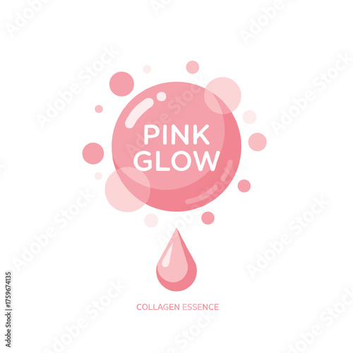 Pink collagen serum or essence bubbles set against a gluta cosmetic product advertising backdrop, with pink collagen serum or essence drops featured in a 3D cosmetic advertising background