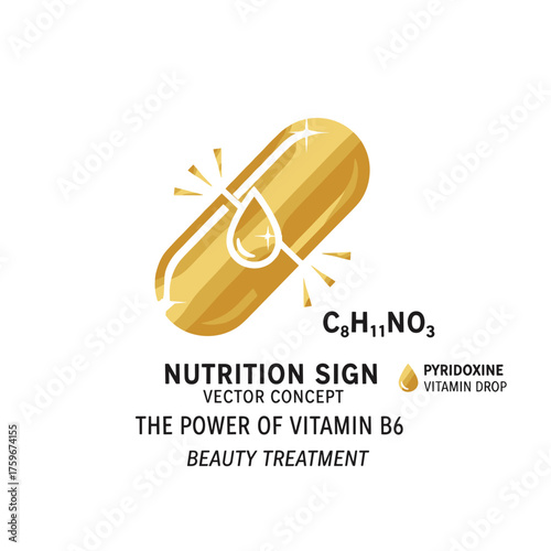Icon of a golden pill capsule, a nutrition sign vector concept, highlighting the power of vitamin B6 with its chemical formula, featuring a pyridoxine vitamin drop pill capsule and a shining golden