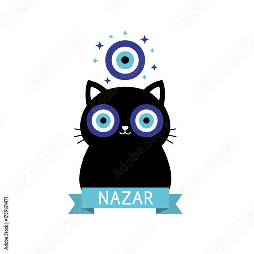 Adorable black cat adorned with a Turkish evil eye and a Greek evil eye, symbolizing protection across Turkey, Greece, and Cyprus; an amulet of the Nazar, a magical item and attribute