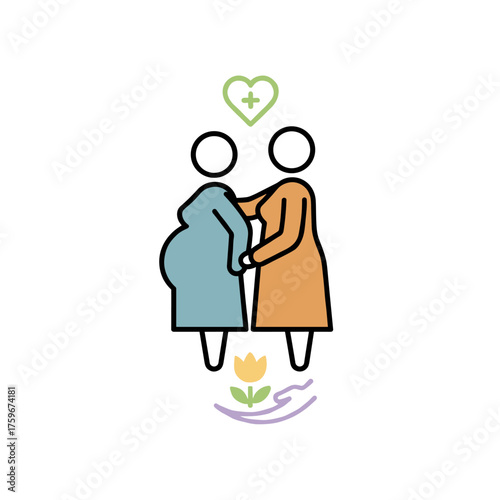 Iconic representation of a pregnant woman, symbolizing motherhood, maternity, pregnancy, and childbirth, with a doula offering assistance, depicted as a linear silhouette