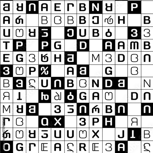 A black-and-white seamless pattern featuring Georgian letters in a vector illustration, with an abstract repeat of alphabet shapes and a texture of “abc