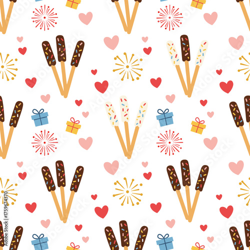 A seamless pattern featuring Pepero Day celebration, romantic event banner illustration vector, including a set of Pepero sticks, a collection of chocolate biscuit sticks, and Pocky straw sticks