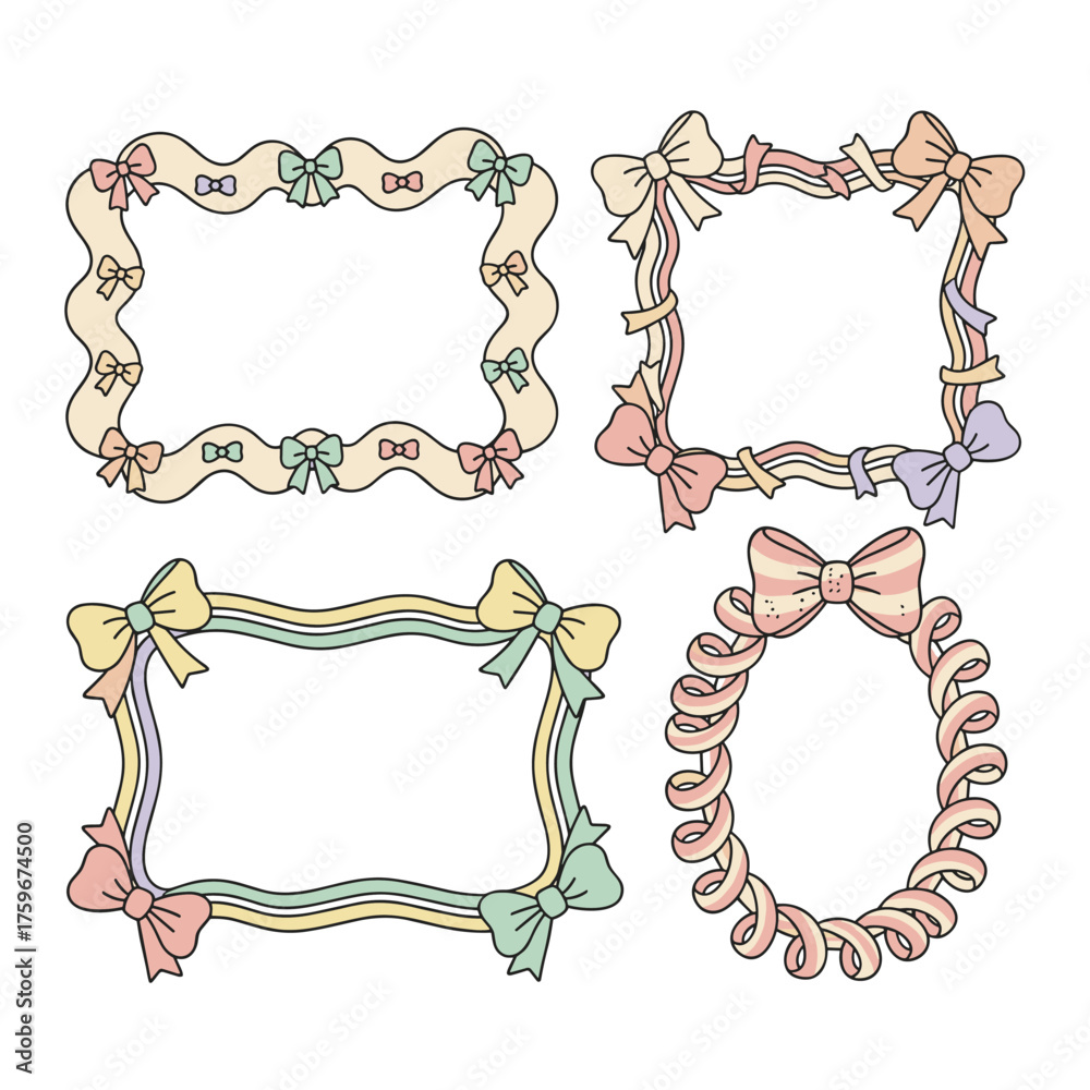 Obraz premium Design charming doodle frames featuring wavy lines, bows, and ribbons, including scalloped outline borders, a retro wavy border, and a wavy frame with bows, all rendered as a vector illustration in a