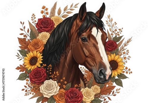 Illustration of isolated on white background, horse portrait with floral wreath decoration