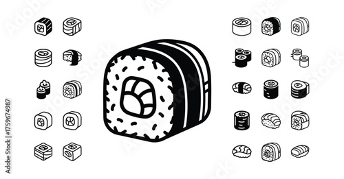 A collection of various sushi roll illustrations in black and white on a white background silhouette