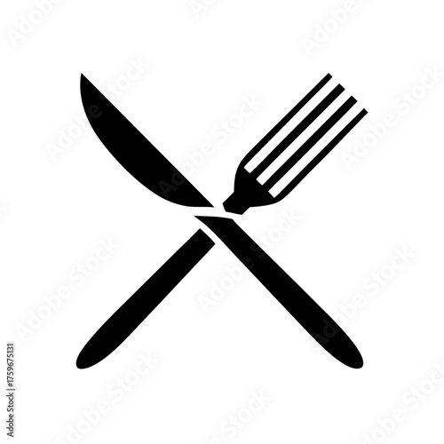 Minimalist black-and-white line icon of a fork and knife crossed, symbolizing dining and food services.