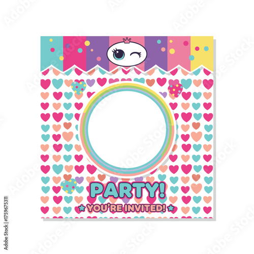 This invitation card template showcases an abstract bright background with hearts, a cute design with little hearts, and a decorative banner themed around a Lol surprise doll in a girlish style