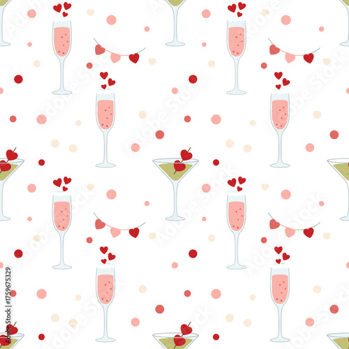 A seamless pattern featuring a martini vector illustration for Valentine's Day, birthdays, and weddings, with a champagne glass topped with sugar