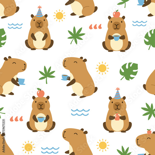 A seamless pattern featuring adorable and humorous capybara characters, a cute capybara rodent rendered as a vector illustration, with a cartoonish animal backdrop, texture, and seamless background