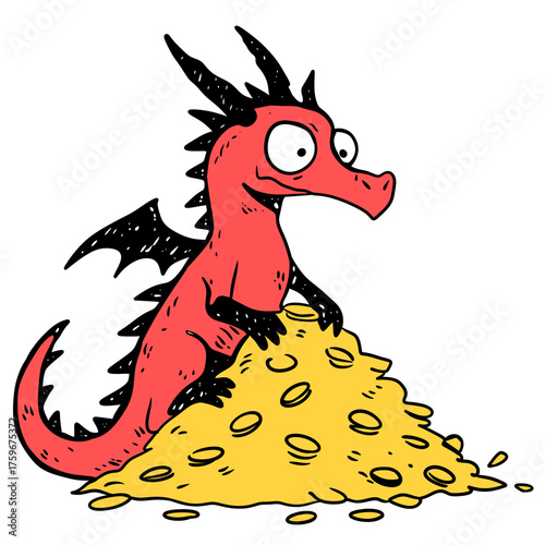 Fotografie Red dragon guarding a large pile of gold coins on transparent background