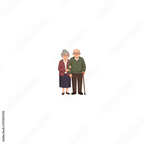 Elderly couple standing together arm in arm.
