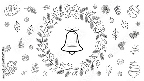 Hand drawn outline illustration of a christmas wreath with a bell hanging in the center surrounded by festive elements