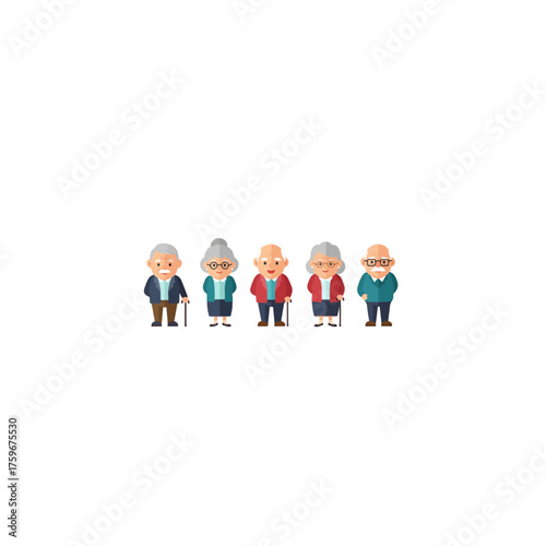 Group of five elderly people standing together in a row with walking sticks.
