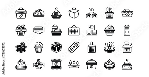 A monochrome illustration featuring a variety of food containers and food related icons silhouette