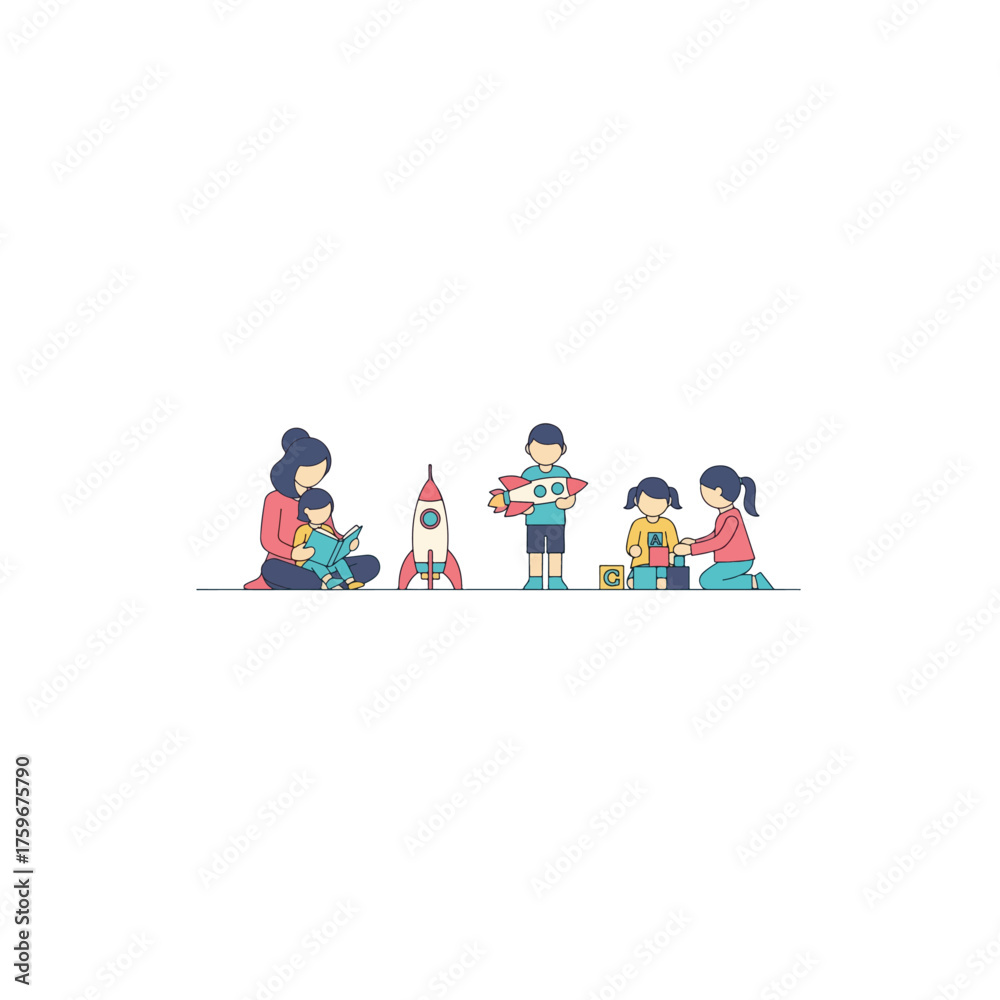 Fototapeta premium Children and Parent Enjoying Playtime with Toys and Imagination.