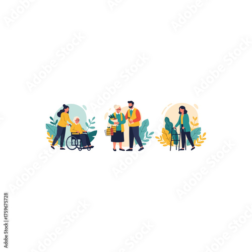 Diverse people assisting elderly and disabled individuals with care and support.