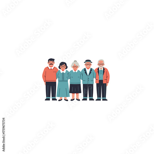 Flat vector illustration of a group of senior people standing together.