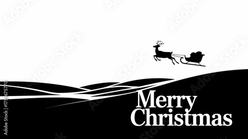 Silhouette of santa s sleigh pulled by a reindeer flying over rolling hills with merry christmas text