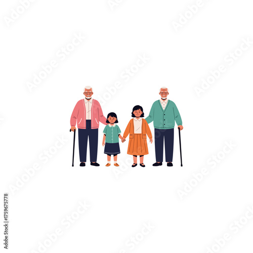 Illustration of Grandparents with Grandchildren Holding Hands.