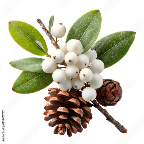 White Snowberry Branch with Pinecones and Green Leaves, Natural Decor Isolated on White Background