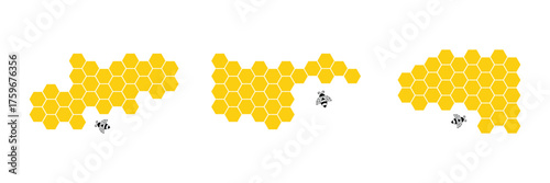 Set of icons of honeycomb, bee honeycomb of abstract form. Honey comb pattern. Honeycomb structure logo. Honey, pollen, wax, parchment and bee products. eps 10