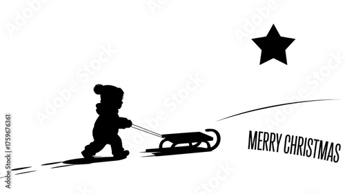 Silhouette of a child pulling a sled with a star and merry christmas text on a white background