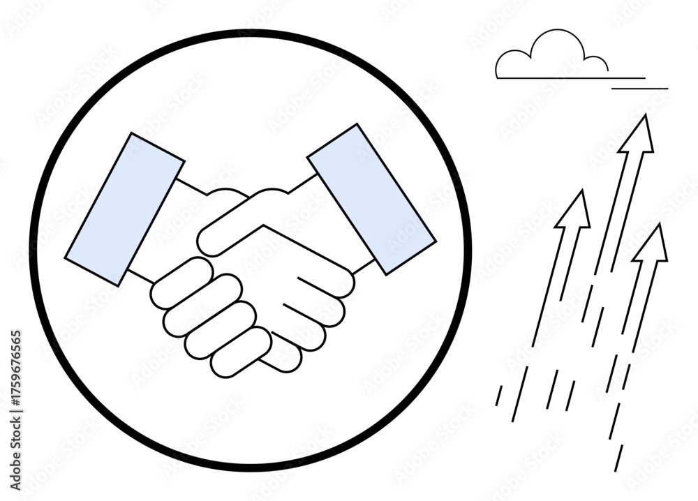 Fototapeta premium Two hands shaking inside a circle symbolize trust and cooperation, arrows point upward signifying growth and progress, small cloud for innovation and vision. Ideal for teamwork, business
