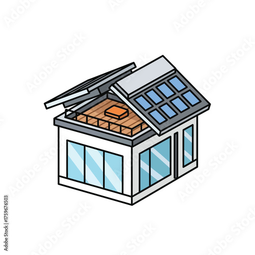 of a modern house with solar panels on the roof.