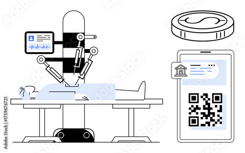 Surgeon robot operating on patient beside monitor, smartphone with QR payment, coin floating. Ideal for healthcare innovation, fintech, medical tech, digital transactions, automation, robotics