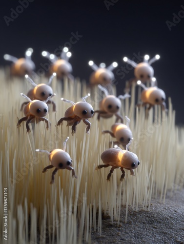 illustrative scene of tiny, bioluminescent creatures interacting with a glowing mycelial network in a dark cave. The image emphasizes the mysterious, hidden life forms and their symbiotic roles 