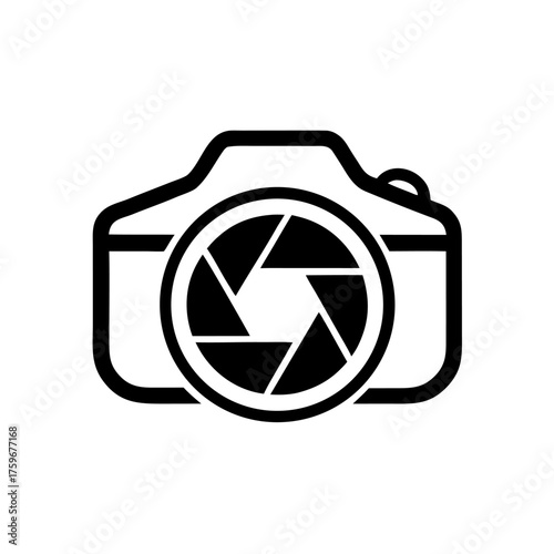 Minimalist black-and-white line icon of a camera with strap, symbolizing travel photography and memories.