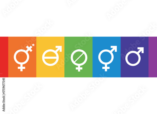Illustration of diverse gender identities and LGBTQ symbols, featuring transgender, non-binary, agender, androgyne, and genderqueer signs, alongside concepts of homosexuality, lesbianism, asexuality
