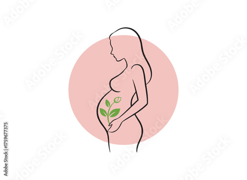 Icon, sign, and symbol of a pregnant woman; representing motherhood, maternity, pregnancy, and childbirth; with a doula assisting; depicted as a linear silhouette