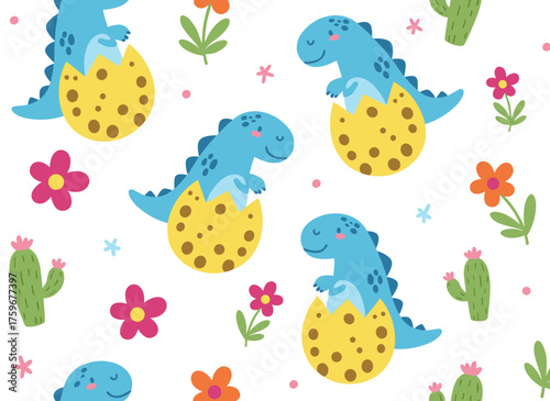 A seamless pattern featuring a Dino vector illustration, depicting a cute dinosaur, dragon, and egg