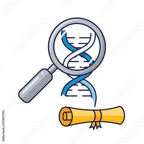 Magnifying glass over DNA helix and a diploma, symbolizing scientific discovery.