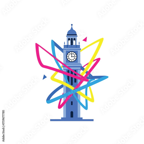 A stylized clock tower adorned with vibrant, abstract colorful shapes.
