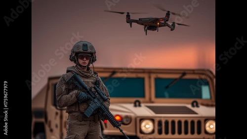Soldier with rifle, military vehicle, and drone flying