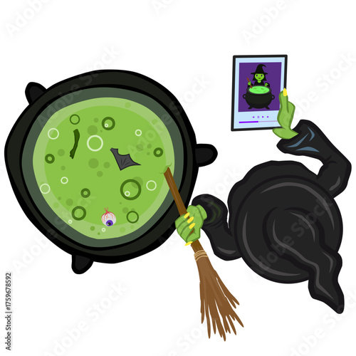 Humorous Witch Streaming Witchcraft Content and Following Recipe on Social Media