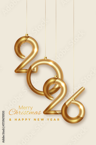Happy new year 2026 hanging gold numbers. Christmas holiday decoration vertical greeting card design for invitation, calendar, party, golden luxury symbol isolated on antique white background