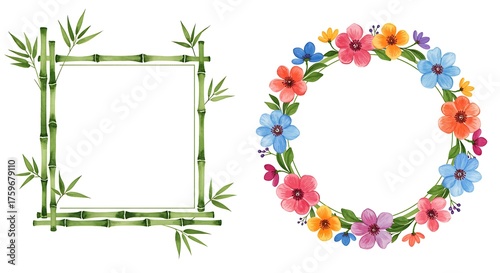 Watercolor bamboo frame and oval floral wreath isolated on white background