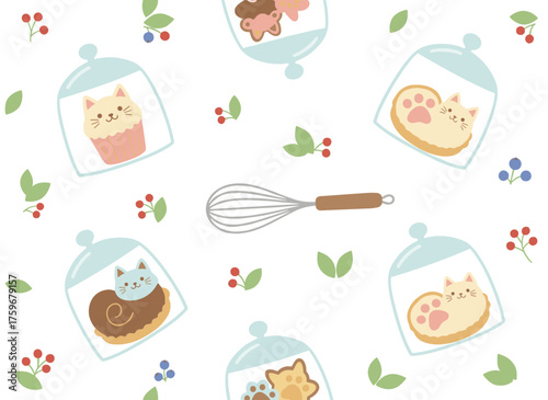 A seamless pattern featuring a cat silhouette made of Dalgona coffee, Dalgona chocolate milk, and Dalgona coffee latte, along with instant coffee, a trendy whipped coffee vector illustration, and a