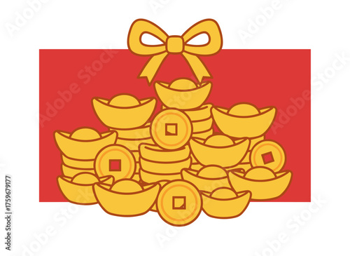 Gold ingot and golden coin backdrop for Chinese New Year wealth