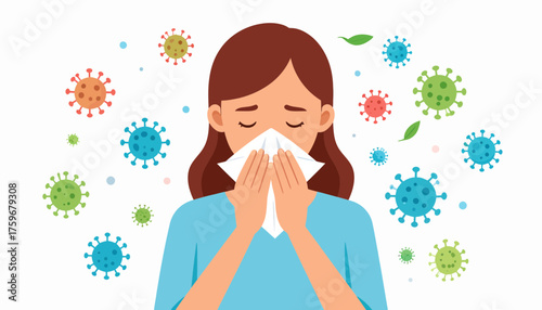 Worried woman with a cold blowing her nose with a tissue, surrounded by germs – perfect for health and wellness campaigns about illness prevention