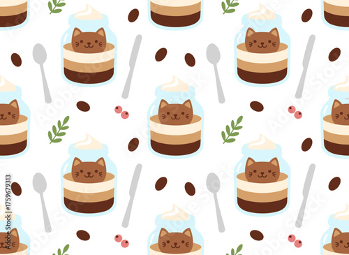 A seamless pattern featuring a Dalgona coffee cat silhouette, Dalgona chocolate milk, and Dalgona coffee latte, along with instant coffee, a trendy whipped coffee vector illustration, and a social