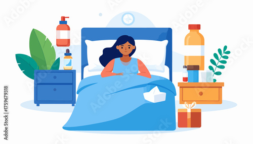 Cozy at Home Feeling Under the Weather with Medicine, Rest, and Care, Perfect for Health Campaigns and Wellness Content, Originally Scalable Vector Graphic