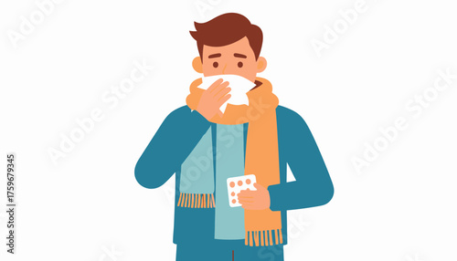 Man with a cold wrapped in scarf holding tissue and medicine, seasonal flu, health issue concept, vector illustration for medical websites and articles
