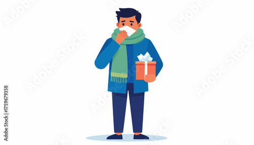 Thoughtful man with a cold, holding a gift, shows care and connection during the winter season, offering comfort and warmth through thoughtful gestures