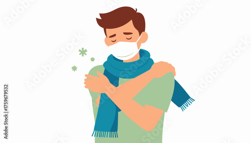 Man feeling unwell and wearing a face mask with a scarf, showcasing virus symptoms, perfect for health awareness campaigns or medical illustrations