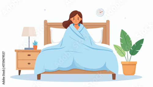 Cozy morning scene with a relaxed woman wrapped in a blanket, enjoying a peaceful moment in her bedroom, feeling comfortable and serene in her home haven